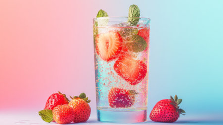 A crystal-clear glass of fizzy soda filled with strawberries and mint, against a soft pastel backdrop for a light, refreshing atmosphere.の素材
