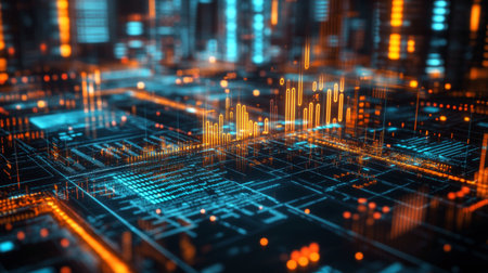 A detailed financial chart with upward-trending lines on a digital screen, surrounded by glowing data points and analytics in a professional setting.の素材