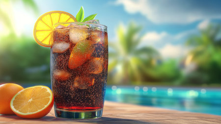 A refreshing glass of fizzy soda garnished with citrus slices, sitting on a poolside table with a blurred background of a sunny day.の素材