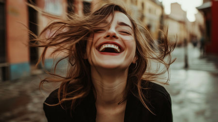 A dynamic shot of a woman with a playful expression, caught mid-laugh, with wind blowing through her hair, capturing the essence of spontaneity and joy.の素材
