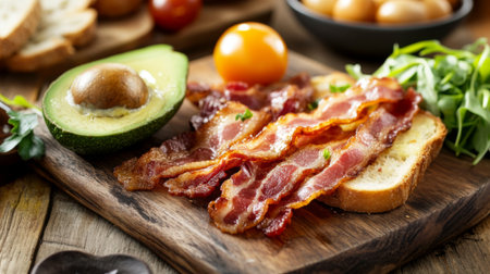 A rustic wooden board topped with crispy bacon, fresh bread, and sliced avocado, creating a delicious breakfast spread in natural light.の素材