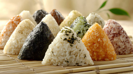 A delightful selection of onigiri rice balls with different fillings, beautifully arranged on a bamboo mat, showcasing the colors and textures.の素材