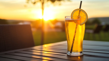 A pint of wheat beer served in a curvy glass, with a slice of orange on the rim, sitting on a dark wooden table with a blurred beer garden in the background.の素材