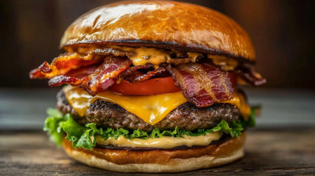 A mouthwatering close-up of bacon cheeseburger, showcasing layers of crispy bacon, melted cheese, and fresh toppings against a rustic backdrop.の素材