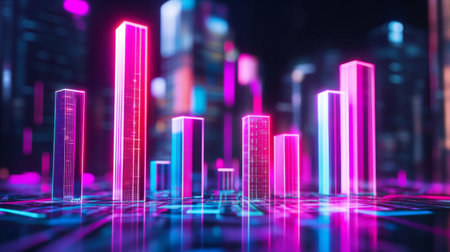 A futuristic D bar chart with illuminated bars in various heights, highlighting business growth data in a digital finance environment.の素材