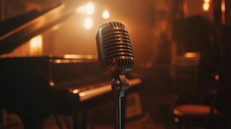 A retro microphone on a stand in a dimly lit jazz club, with soft, warm lighting highlighting the mic and a blurred piano in the background.の素材