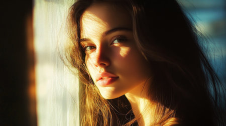 A natural beauty shot of a woman with long, flowing hair, gazing thoughtfully out of a window, with gentle sunlight illuminating her features and creating a soft glow.の素材