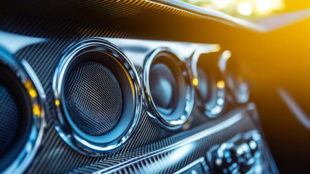 A set of tweeters and woofers installed in the dashboard of a sports car, surrounded by carbon fiber details and illuminated by cool ambient lighting.の素材