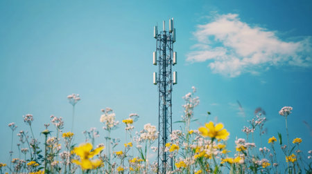 A serene image of a cell phone tower standing tall among a field of wildflowers, illustrating the harmony between technology and nature in rural settings.の素材