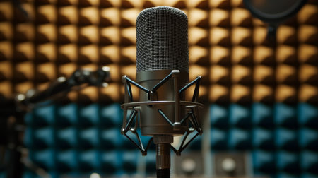A studio microphone with a shock mount, surrounded by high-end recording equipment, placed in a professional soundproof recording space.の素材