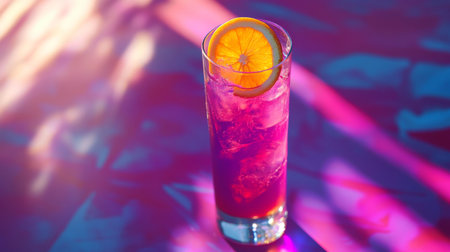 A tall glass of bright soda with a slice of orange and ice, placed on a vibrant tablecloth, creating a cheerful and refreshing drink presentation.の素材