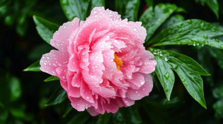 A stunning shot of a pink peony with sparkling water droplets, surrounded by lush green foliage, capturing the lushness and beauty of a garden after a rain shower.の素材