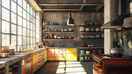 A spacious kitchen with large windows allowing natural light to flood in, highlighting the open shelves filled with colorful dishes and cookware.の素材