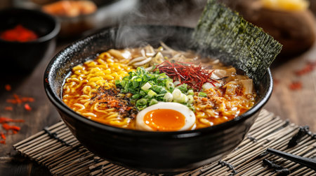 A steaming bowl of ramen with fresh toppings, placed on a textured surface, creating an inviting and warm atmosphere for food lovers.の素材