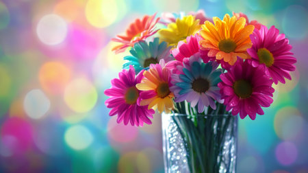 A vibrant image of a mixed bouquet of flowers, each petal adorned with water droplets, arranged beautifully in a clear vase against a bright background.の素材