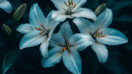 A stunning image of a cluster of delicate white lilies with droplets of water glistening on their petals, set against a dark background to enhance their elegance.の素材