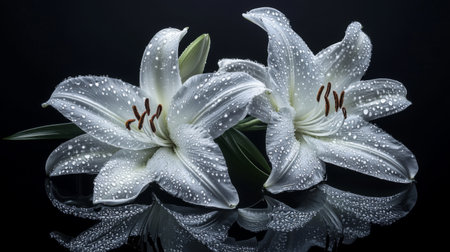 A stunning image of a cluster of delicate white lilies with droplets of water glistening on their petals, set against a dark background to enhance their elegance.の素材