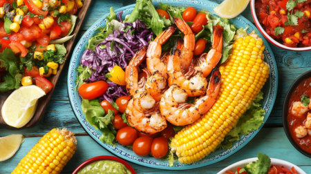 A vibrant summer picnic scene featuring a platter of grilled shrimp, corn on the cob, and colorful salads, illustrating a delicious outdoor feast.の素材