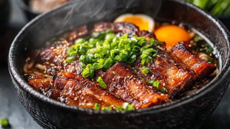 A steaming bowl of pork belly ramen, showcasing tender slices of meat in a flavorful broth, garnished with green onions and soft-boiled egg.の素材