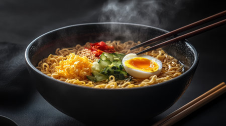 A steaming bowl of instant noodles garnished with fresh vegetables and a perfectly boiled egg, served with chopsticks resting on the side for a delightful meal presentation.の素材