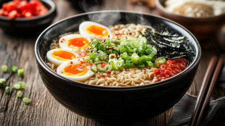 A steaming bowl of ramen topped with fresh ingredients, including soft-boiled eggs and green onions, displayed on a rustic wooden table.の素材