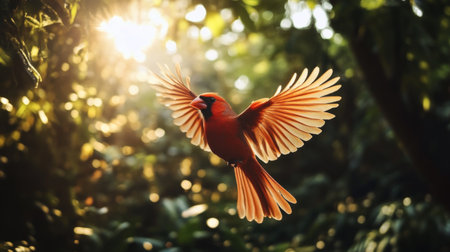 A vibrant red cardinal in mid-flight, captured with clear detail as it flaps its wings against a backdrop of lush green trees and sunlight.の素材