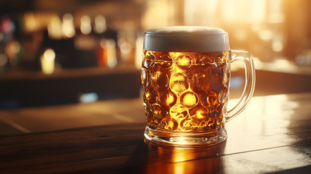 A vintage-style beer mug filled with amber ale, placed on a wooden bar counter, with light streaming in through a nearby window.の素材