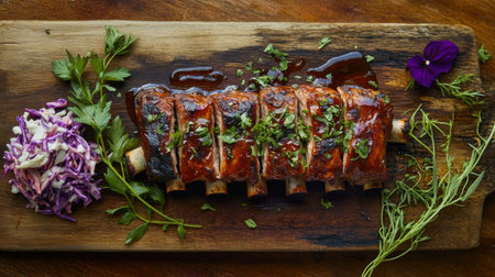 A succulent rack of grilled pork ribs glistening with barbecue sauce, served on a rustic wooden board alongside a side of coleslaw and fresh herbs for garnish.の素材