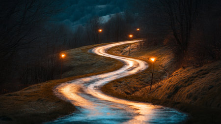 A winding road in the countryside lit by scattered streetlights, with soft light falling on the trees and grass on a peaceful evening.の素材