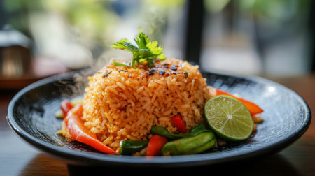A vibrant plate of steaming fried rice garnished with colorful vegetables, fresh herbs, and a lime wedge, served in a traditional Thai bowl on a wooden table.の素材