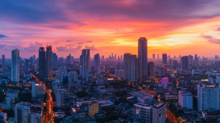An aerial shot of the Bangna Kauda area during sunset, showcasing the stunning skyline, vibrant colors, and the hustle and bustle of the city coming alive in the evening.の素材