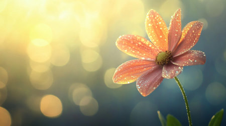 An artistic composition of a single flower stem with dew-covered petals against a blurred background, capturing the freshness of nature and the beauty of early mornings.の素材