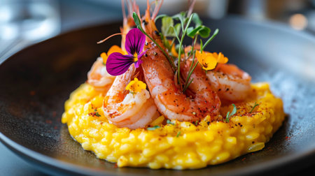 A beautifully presented saffron risotto topped with delicate shrimp and edible flowers, highlighting the dishs elegance and vibrant colors in an upscale dining setting.の素材