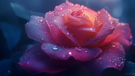 A close-up of a blooming rose with dew drops delicately resting on its petals, showcasing the intricate layers and vibrant color, symbolizing beauty and freshness.の素材