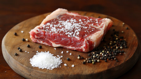 A close-up of a seasoned bistecca on a wooden platter, garnished with sea salt and black pepper, emphasizing the simplicity and quality of the ingredients.の素材