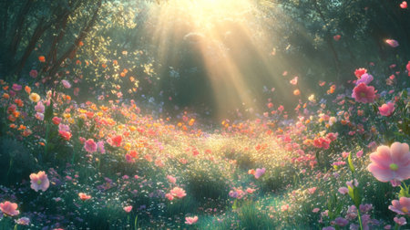 A picturesque scene of a flower field at dawn, with the sun rising and illuminating the dew-covered blossoms, creating a magical and ethereal atmosphere.の素材