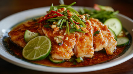 A beautifully arranged plate of  served with a fresh cucumber salad and a wedge of lime, emphasizing the freshness and balance of flavors in this popular dish.の素材