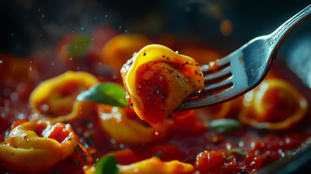 A close-up of a fork twirling tortellini with a rich tomato sauce, showcasing the perfect bite and the inviting textures of this classic Italian dish.の素材