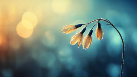 An artistic composition of a single flower stem with dew-covered petals against a blurred background, capturing the freshness of nature and the beauty of early mornings.の素材