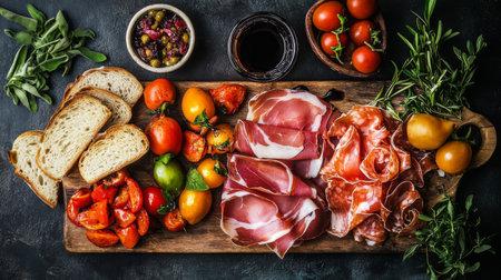 An overhead view of a traditional Italian antipasto platter showcasing Prosciutto di Parma alongside marinated vegetables, crusty bread, and a drizzle of balsamic glaze.の素材