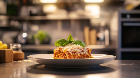 A beautifully plated lasagna in a modern kitchen setting, garnished with fresh basil and grated Parmesan, showcasing the perfect balance of flavors and textures.の素材