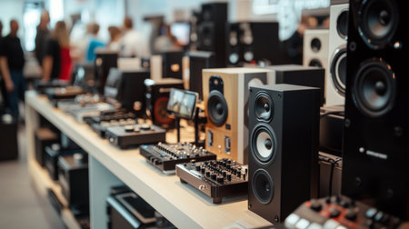 An array of modern audio equipment on display at a technology expo, showcasing the latest innovations in sound quality and design for audiophiles and music creators.の素材