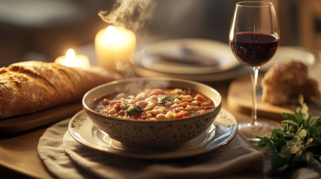 An inviting table set with a steaming bowl of minestrone, a crusty loaf of bread, and a glass of red wine, creating a cozy atmosphere for a comforting Italian meal.の素材