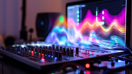 An organized workspace featuring a professional audio interface connected to a laptop, with colorful soundwaves displayed on the screen, highlighting the creative process of music production.の素材