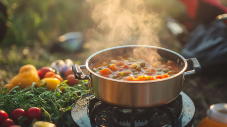 A close-up of a camping stove with a pot of soup simmering, surrounded by fresh ingredients, highlighting the joys of cooking outdoors in nature.の素材