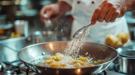 A chef frying arancini in a deep pan, with bubbling oil and a focus on the golden-brown exterior, showcasing the skill and care in preparing this classic dish.の素材