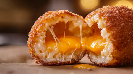 A close-up of a halved arancini ball, revealing the gooey cheese and savory filling inside, showcasing the mouthwatering textures and flavors of this classic treat.の素材