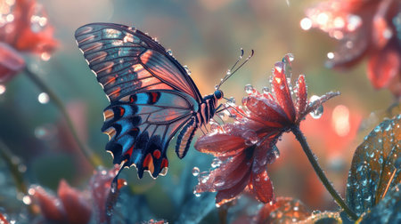 A butterfly perched on a dew-covered flower, highlighting the delicate relationship between nature and its creatures, creating a captivating moment in the wild.の素材