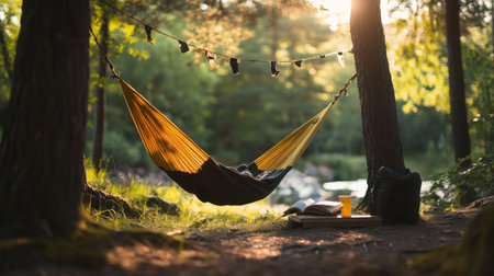 A peaceful scene of a hammock strung between two trees at a campsite, with a book and a drink nearby, inviting relaxation and a moment of tranquility.の素材
