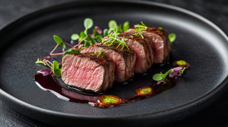 A gourmet presentation of  in an upscale restaurant, elegantly garnished with microgreens and served on a stylish plate, showcasing a modern twist on this classic dish.の素材